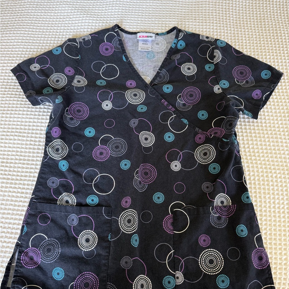 Scrubstar Black Scrub Top with Vibrant Circle Accents